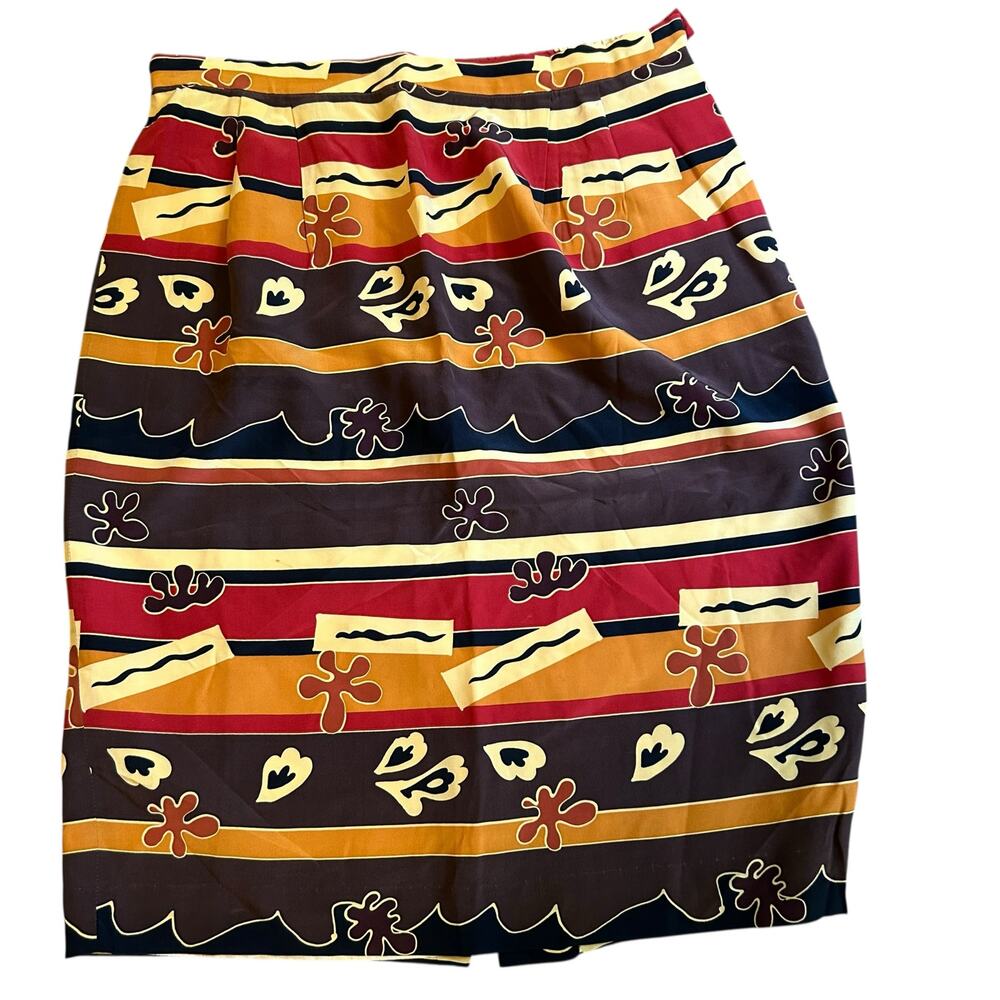 100% Silk Pleated Skirt Abstract Brown Yellow Artsy Print SZ 12 Jon by Teri Jon